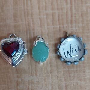 Silver Heart, Teardrop, and Wish Pendant Set Locket, Jade Like, And One Very Odd